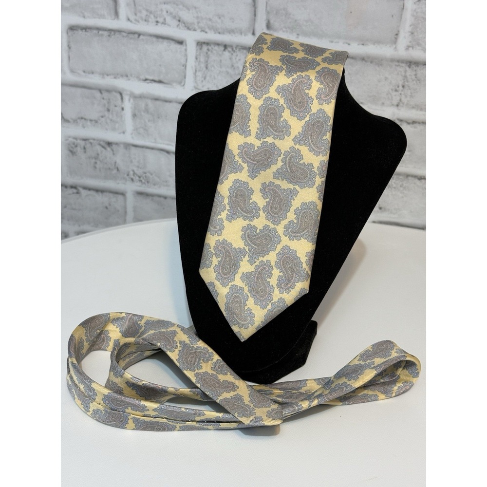 Mallory Church London Ltd Vintage Paisley Silk Necktie Yellow Gray Classic Tie